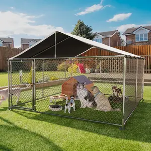 Large Dog Kennel Outdoor with Roof Heavy Duty Dog Enclosure Outside Pet Fence Cage Steel Fence with Ground Anchor Secure Lock Farm Training-B