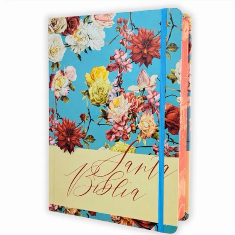 Biblia de Apuntes con Margen Amplio RV1960, tapa dura azul celeste floral con canto rojo floral