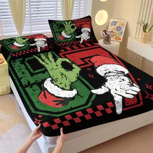 Christmas Theme Trendy Print Fitted Sheet Set Bed Sheets, 1 Fitted Sheet and 2 Pillowcases Without Core, Personality Six Seven Gesture Patterns Bed Linen, Soft Breathable Fabric, Perfect for Bedroom Decor or Gift