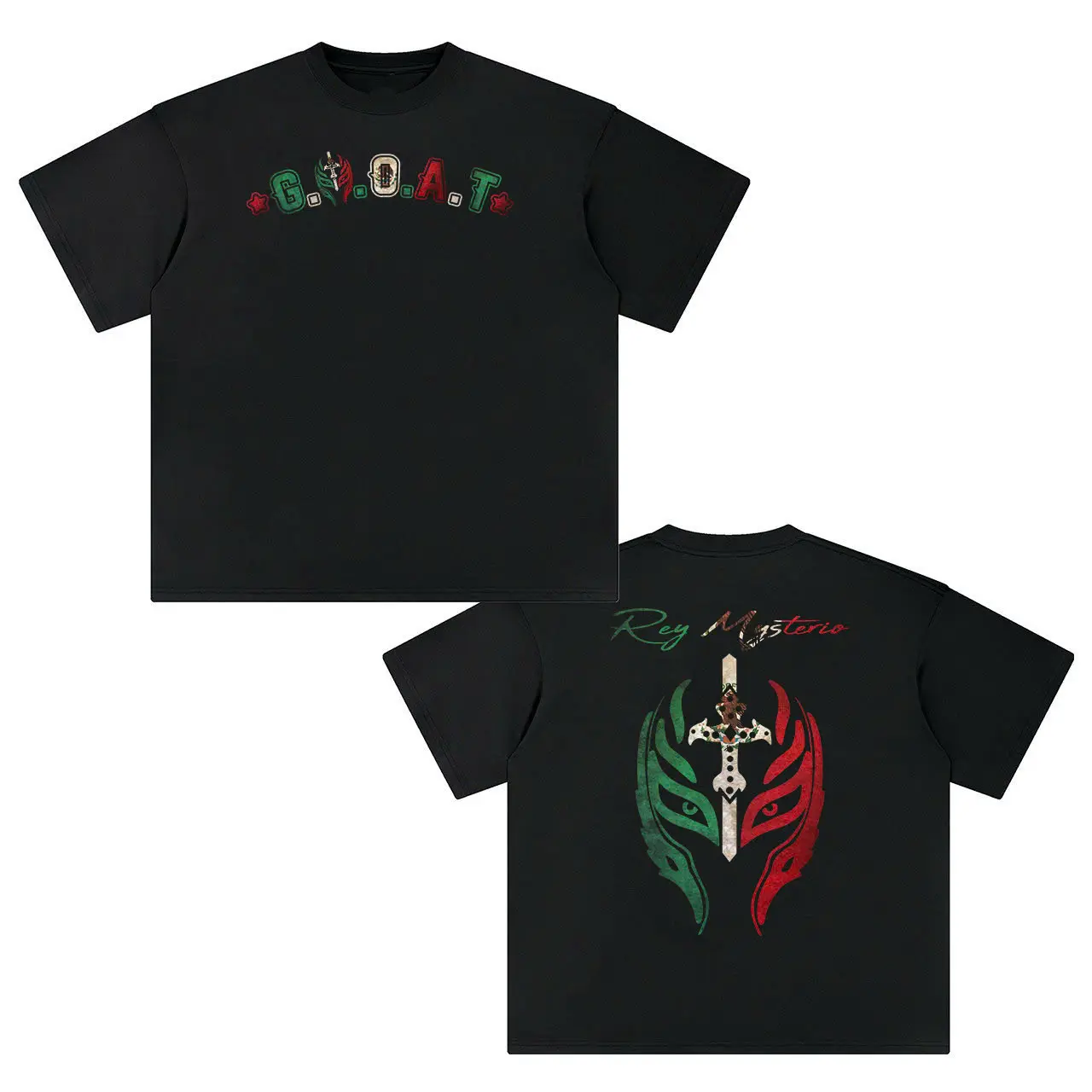 Rey Mysterio  GOAT Mexico Flag Design Lucha Libre T-Shirt - 2-Sided Premium Wrestling Graphic Tee with Iconic Design Perfect for Fans & Collectors of Lucha Culture
