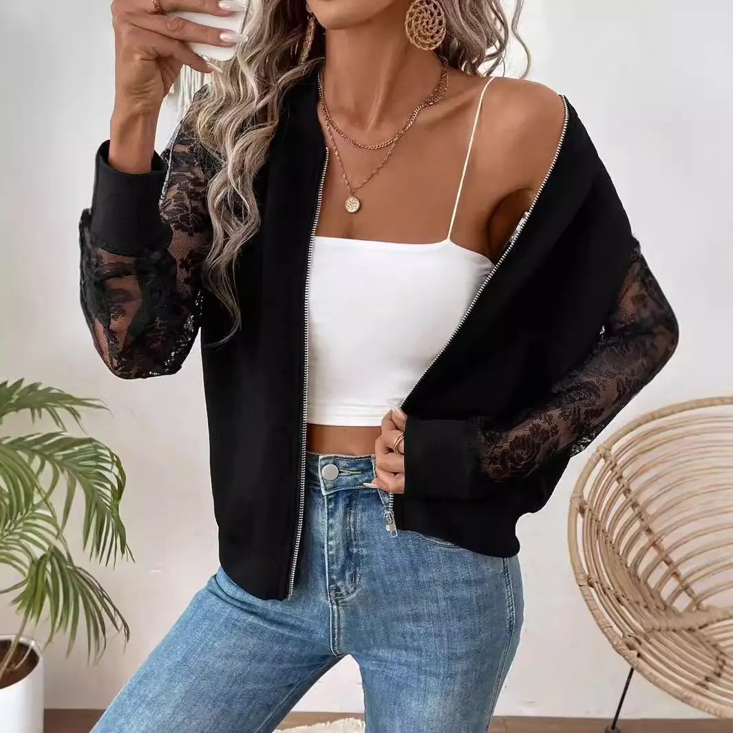 Women's Casual Fit Lace-Panel Long-Sleeve Baseball Collar Coat - Women's Clothes, Comfortable Fall/Winter 2025 Outerwear