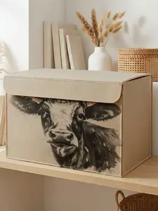 1pc Storage Box, Cow Pattern 2D Print, Felt Texture with Lid, Holds Clothes/snacks/documents, Ideal for Renters/students/moms, Unique Furniture Style