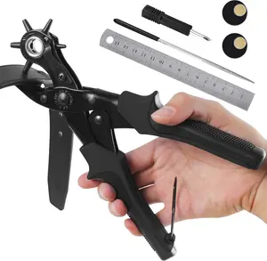 Leather Hole Punch, Heavy Duty Belt Hole Punch, Revolving Punch Plier Kit with Extra Grinding , Punch Plates, Ruler and 6 Marked Hole Sizes for Watch Band, Crafting, Fabric - Black