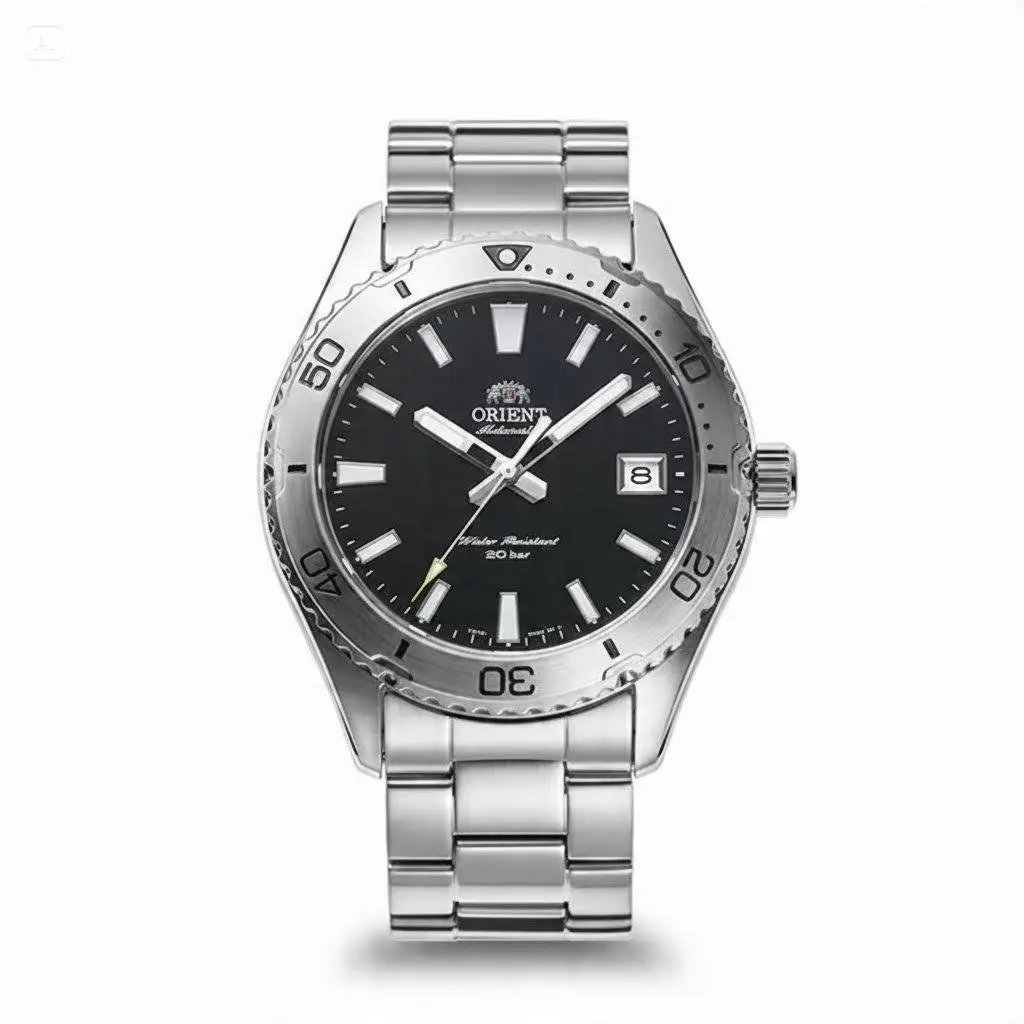 Orient Men's Automatic Silver Diver Watch - Unidirectional Silver Rotating Bezel, Black Luminous Dial with Date Window, Solid Stainless Steel Bracelet, 20-Bar Water Resistance, Ideal Gift for Outdoor-Loving Gentlemen