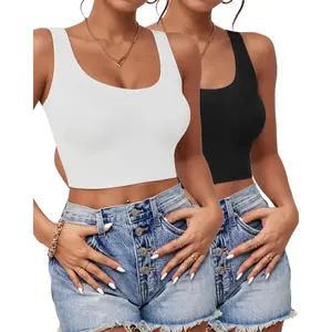 Women's 2-3Pcs U-Neck Crew Neck Racerback Crop Tank Tops, Basic Minimalist Sleeveless Sports Casual Outfits, Black+Burgundy, Crew Neck Sleeveless