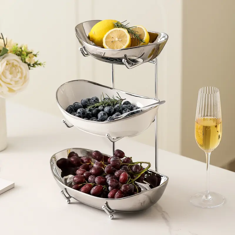 3-Tier Silver Luxury Fruit Organiser, Detachable Trays, Multi-Tiered Desktop Fruit Display Basket - 1 Set for Home Kitchen Table Decoration & Storage, Racks