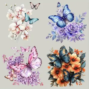 Flower & Butterfly Pattern Iron on Sticker, 4 Counts/set Heat Transfer Iron on Transfers for Throw Pillow Canvas Bag DTF T-shirt Hoodie Backpacks Jeans Apparel DIY DIY Flower Decor