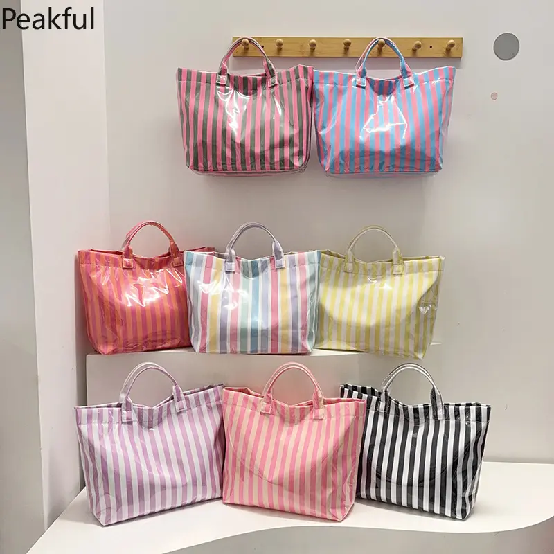All-Season Fashion Tote, Popular Striped Magnetic Handbag, Large Storage Beach & Travel Bag for Women, sleek magnetic snap & comfortable carrying experience, versatile styling, great for vacation getaways, leisure time and everyday wear