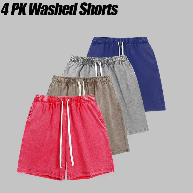 4 Pack 240G Mens Athletic Shorts | Vintage Acid Washed Heavyweight Cotton Elastic Waist Drawstring Streetwear Gym Workout Jogger Shorts with Pockets | Trendy 2026 Street Style Tropical Tropical