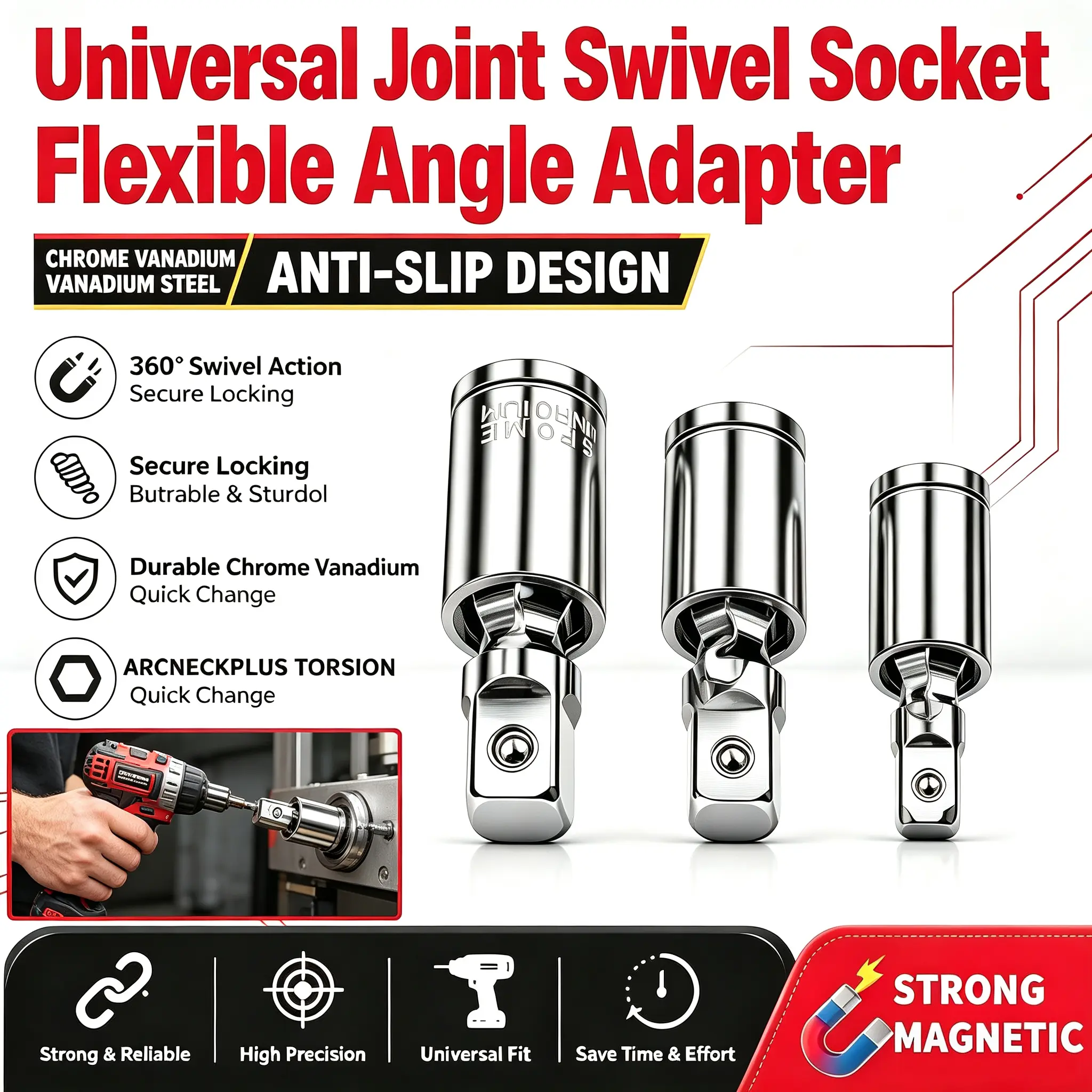 1/4" 3/8" 1/2" Universal Joint Socket Adapter Set, Chrome Vanadium Steel Swivel Socket U‑Joint Drive Adapter, Wobble Extension for Ratchet Wrench Impact Driver, 3Pcs