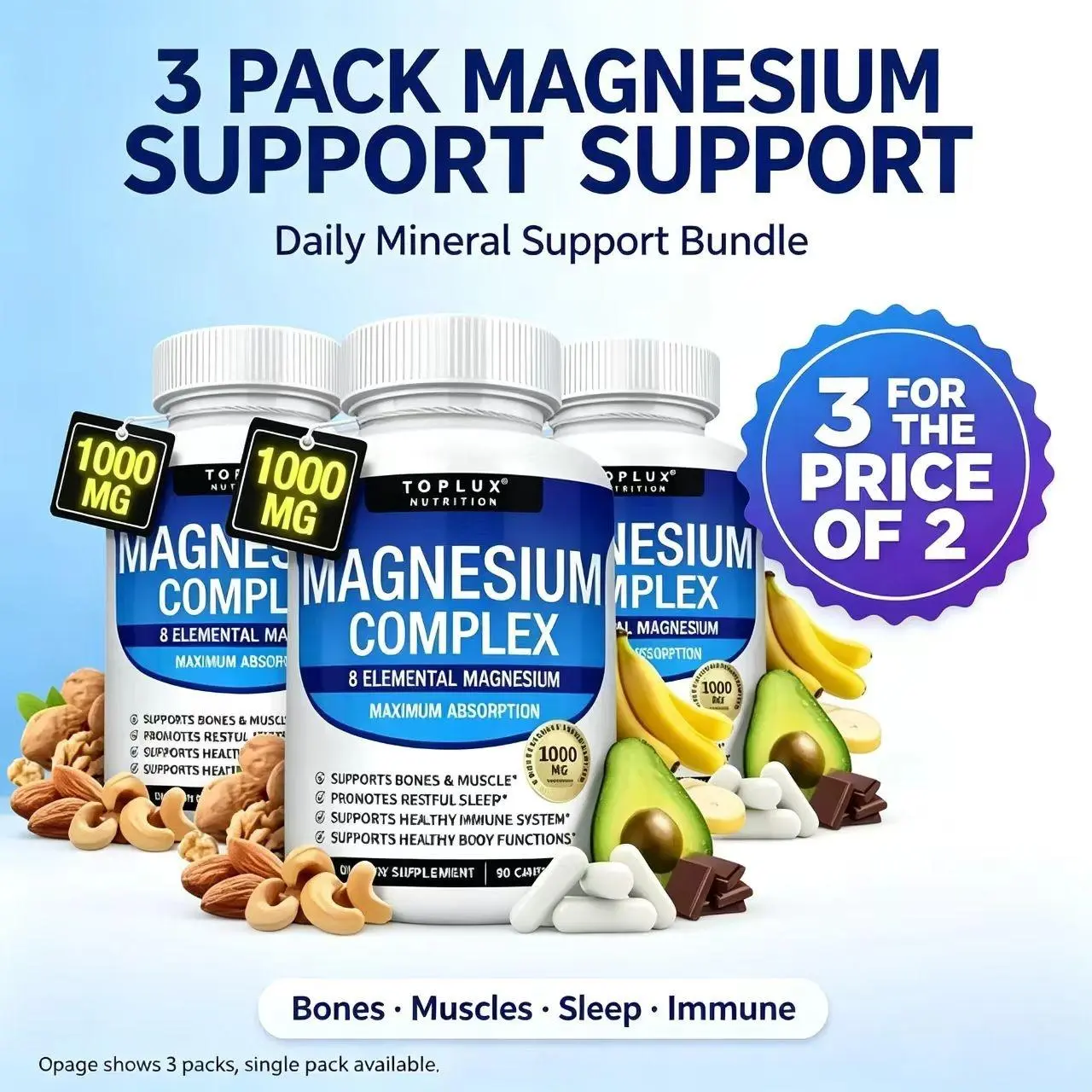 3 Bottles of Nutrition MagnesiumComplex Toplux 7 Elemental SourcesMen Women Bone Muscle SleepImmune Support Nature DecentFitness Dietary Supplement MalateTaurate Chelated for Easy Absorptionfor Bones Muscle Recovery Energy1000mg 90 Capsules