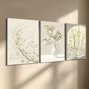 3 Pcs/Set Wooden-Framed Canvas Painting, Soft Neutral Botanical Triptych Canvas Wall Art, Minimalist Vase & Branch Print for Living Room, Bedroom, Office Decoration, Modern Home Decor, Fashion Artistic Ornaments, Artwork