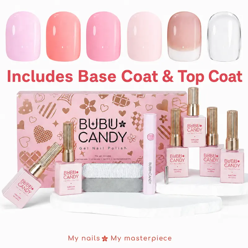 BUBU CANDY M's Pick Nude Gel Polish Set, 6PCS 15ML Milky Pink Caramel Mocha Colors, HEMA & TPO-Free Kit with LED Lamp & Nail Files