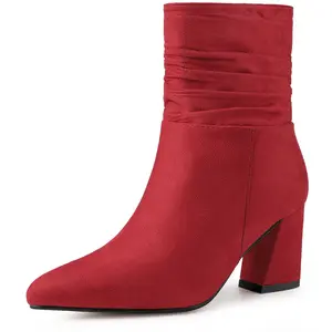 BLISSFUL STEP Pointy Toe Slouchy Zipper Chunky Heel Ankle Boots