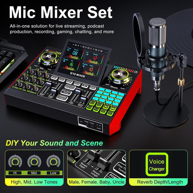 Tenlamp G10-Series Audio Mixer, Live Sound Card with XLR Microphone Connector, Professional Chipset, 48V Phantom Power Supply, One Touch Noise Reduction, One Touch Voice Change for Podcast,Recording,Vocal,Game Voice#TikTokShopBlackFriday