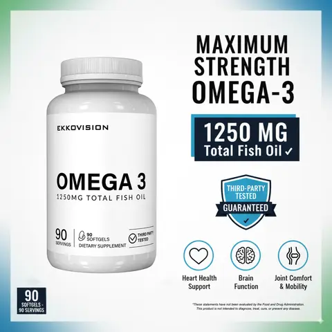 EKKO Omega 3 Fish Oil 1250MG - 90 Softgels, Third-Party Tested, Premium Supplement for Health & Wellness