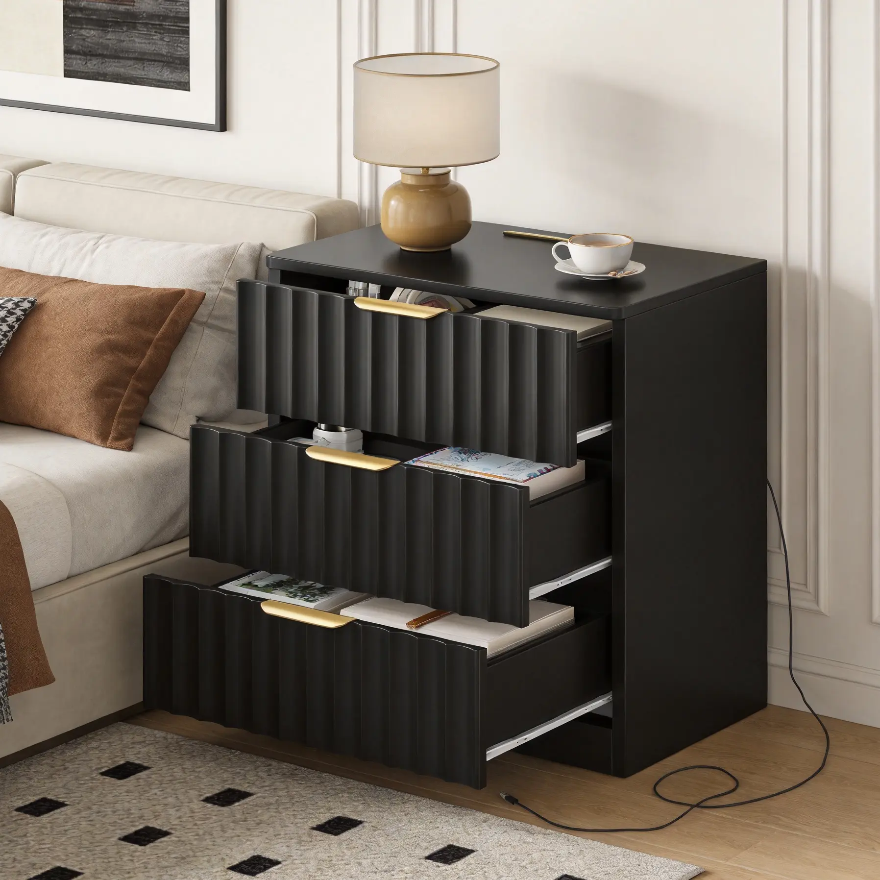 Set of 2 Modern Fluted-Sides Bedroom Side Tables with Charging Port, 3-Drawer Oak Wood Nightstands for Bedroom, Office