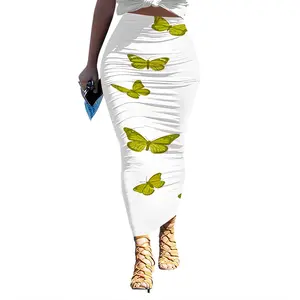 Butterfly Print High Waist Ruched Bodycon Maxi Skirt Stretchy Casual Party Skirt