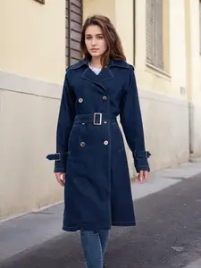 RED MARINE Women's Denim Trench Coat with Double-Breasted Design and Belted Waist - Stylish and Versatile Outerwear for Every Season