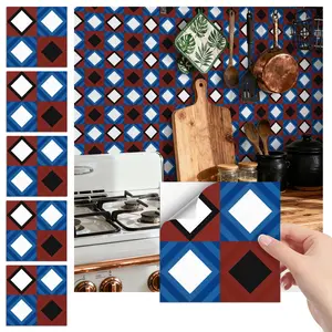 24PCS FHZ Blue-Red-Black Contrast Geometric Diamond Vintage Tile Stickers | PET Matte Peel & Stick Backsplash | Waterproof Oil-Proof Decor for Home & Office