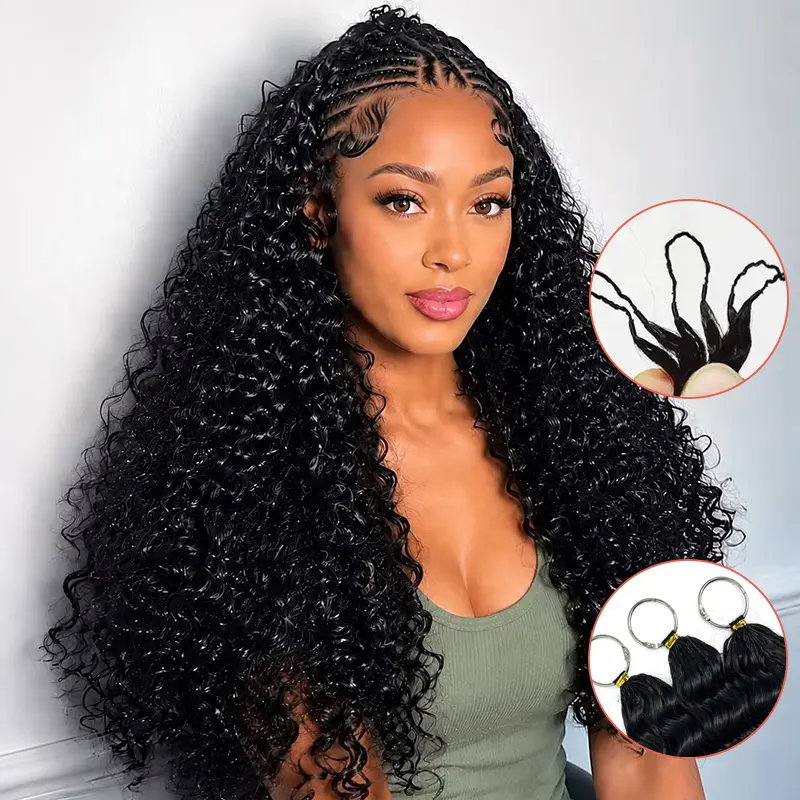 Crochet Human Hair 60g 50 Strands Pre-Separated Deep Wave Feather Crochet Human Hair Bundles 16-22 inch Invisible Miracle Knots Reusable Curly Human Crochet Hair For Women Natural Black