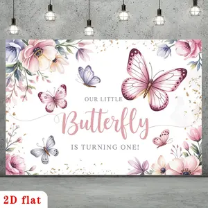 2D Flat, [party Backdrop] 2D Flat Banner, 1pc Little Butterfly First Birthday with Pink Butterflies and Pastel Flowers Polyester Backdrop, for Party Decor Farm, Garden, Home, Room, Club, No Electricity, This