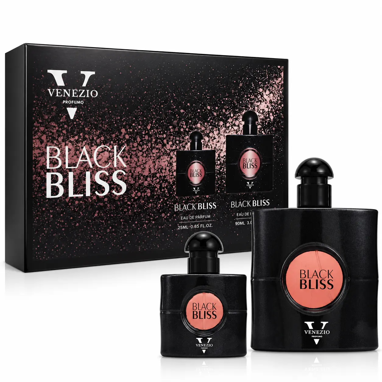 V VENEZIO PROFUMO BLACK BLISS Perfume for Women 2.9 Oz + 0.85 Oz (90ml + 25ml), long lasting perfume for women, amber, vanilla, pink pepper