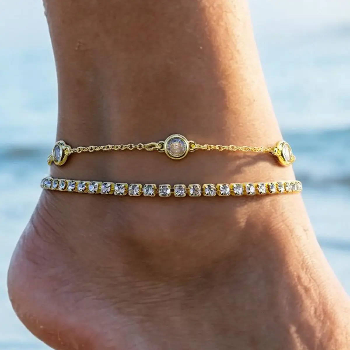 Double Layer Anklet for Women, 14K Gold Plated Bezel CZ Tennis Ankle Bracelet, Dainty Stackable Rhinestone Foot Chain, Waterproof Summer Beach Vacation Jewelry