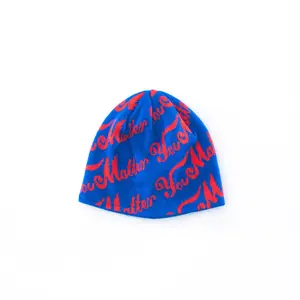 Fitted Embroidered Beanie with Patches - Blue/Red, Fashion Clothes Accessory, Fitted Embroidered Hat, Beanie Fitted, Embroidered Hats