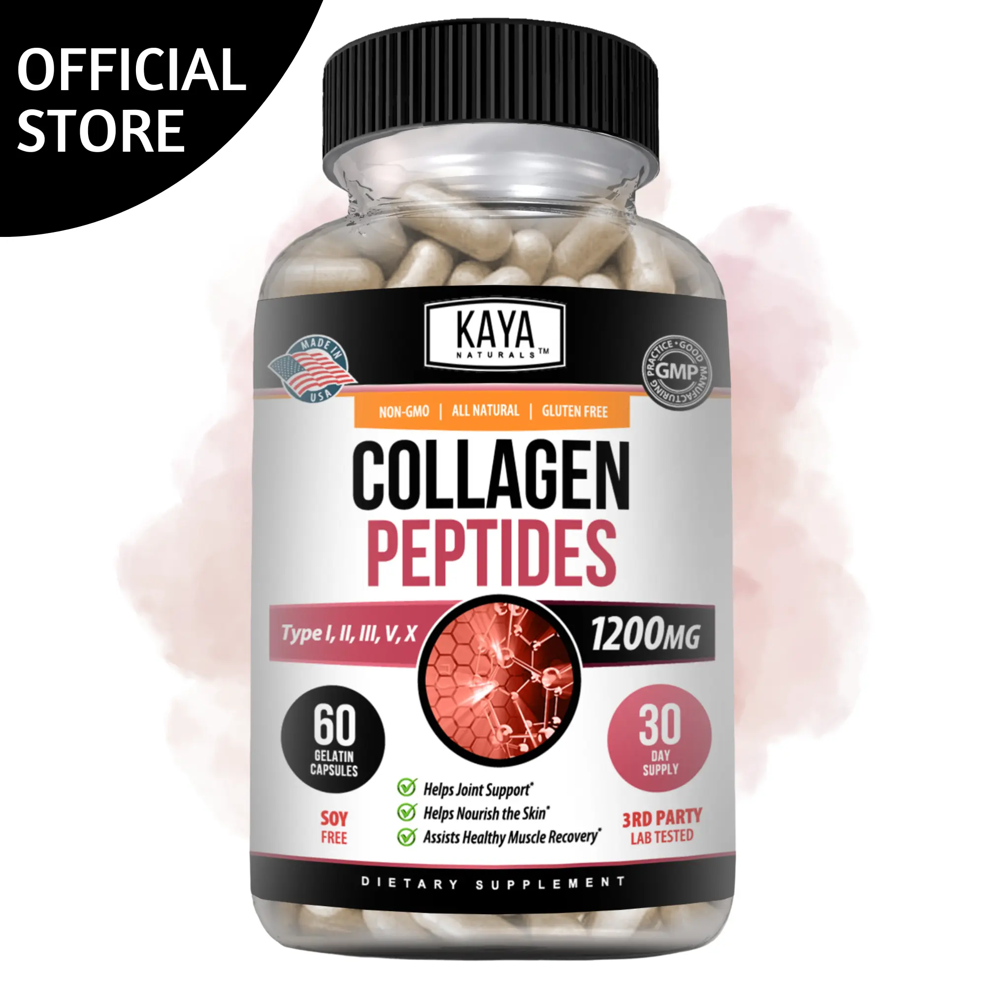 Kaya Naturals Multi Collagen Peptides Complex Capsules for Women and Man, Vital for Hair, Skin, Nails, and Anti-Aging, Types I, II, III, V, X 1200mg  60ct Dietary Supplement, Collagen Refines Skin