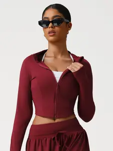 Women's Sporty Jacket High Neck Thumb Hole Design Zip Hooded Slim Fit Short Long Sleeve Yoga Coat Perfect for Running and Yoga Women Workout Clothes