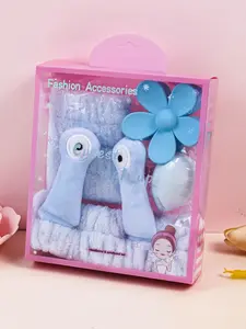 5-piece New Plush Snail Girl Sponge Spa Headband Wristband with Hair Claw Clip, Hair Accessory Set with Gift Box, Suitable for Party Gifts and Daily Use, Washing Face, Spa, Bathing, Makeup, Gift Set Blue Color