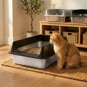 Stainless Steel Litter Box - Mess-Free, Odorless Deluxe XL/XXL System with Integrated Sand Filter Pedal, Detachable High-Sided Shield, Non-Porous Easy-Clean Tray, Wall Paw Print Design for Outdoor Use, Mess-Free Litter Boxes