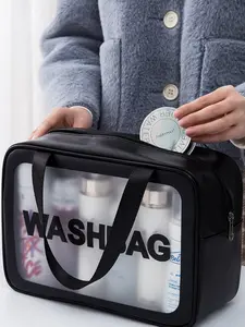 Travel Three-Piece Set PU Wash Bag, Transparent Waterproof Large Capacity Handheld Makeup Bag, Shower Bag for Travel Essentials