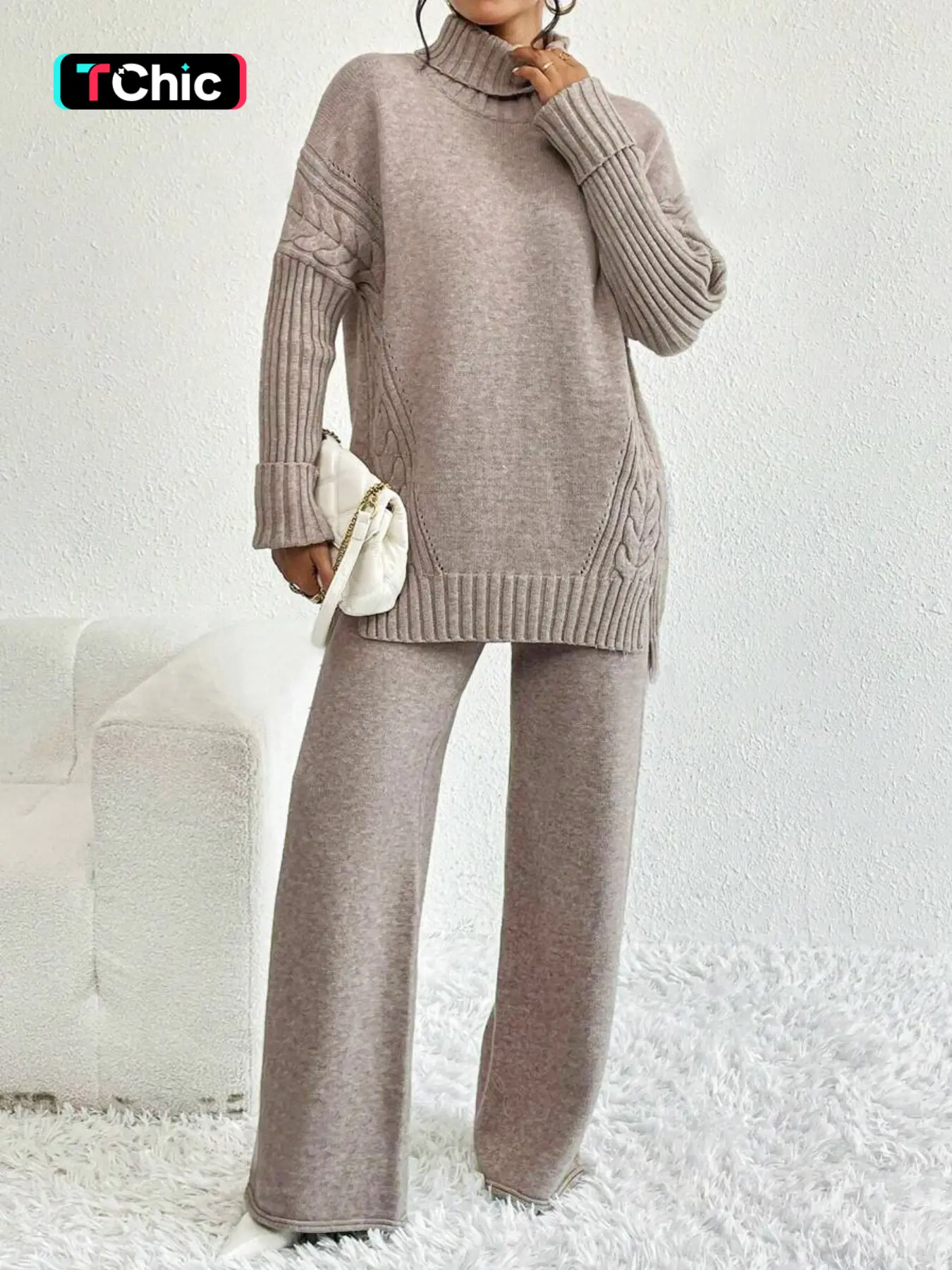 Women's Textured Split High Low Hem Sweater & Wide Leg Knitting Pants, Casual Fashion Cozy Turtle Neck Jumper & Trousers for Daily Outdoor Wear, Women