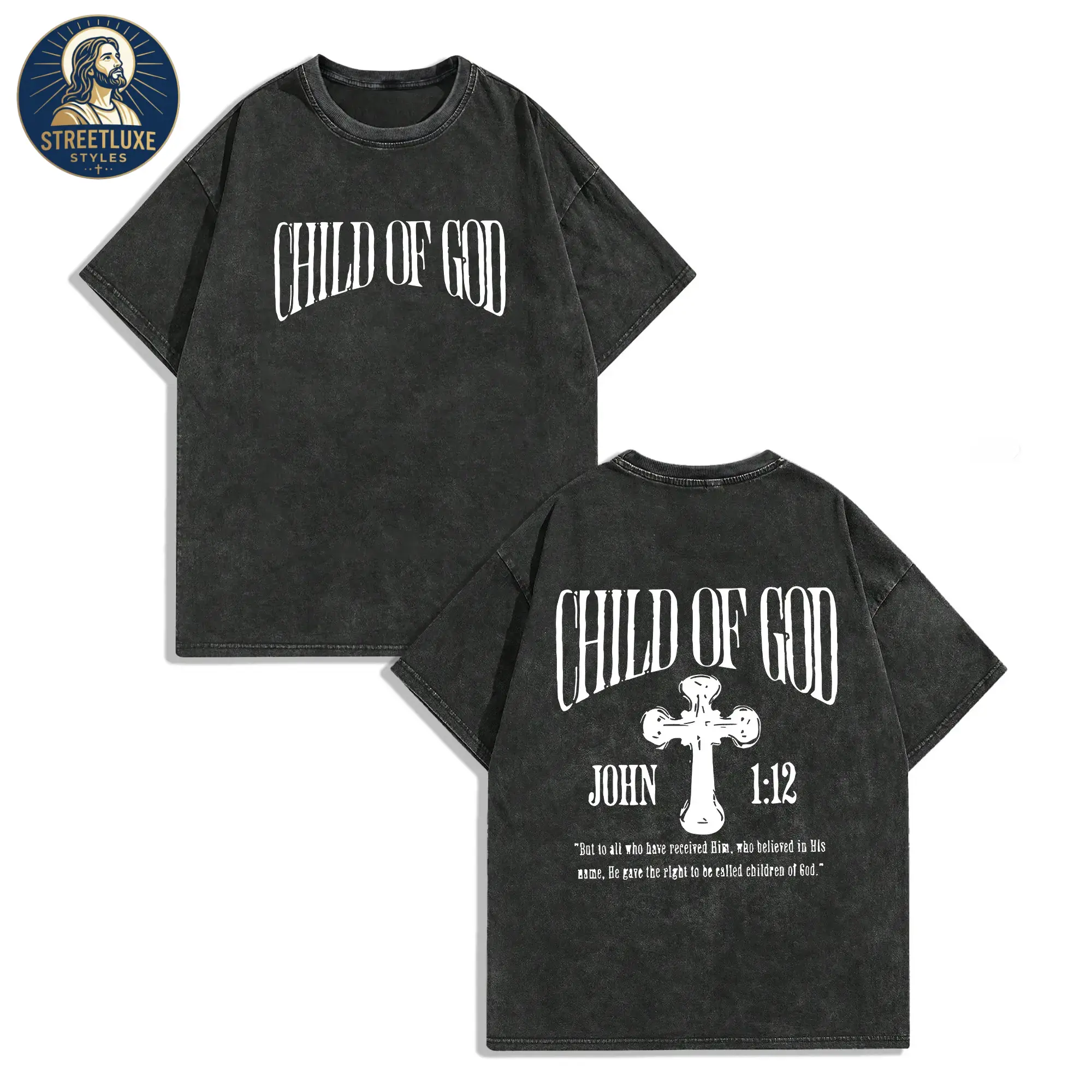5pc set Child Of God God Blesses You Classic Retro Fashion Street Cross Jesus Popular Letter Pattern Print 230g Washed Cotton T-Shirt Men's Summer High-Quality Vintage Casual Round Neck tiktok shop deals fathers day gift ideas