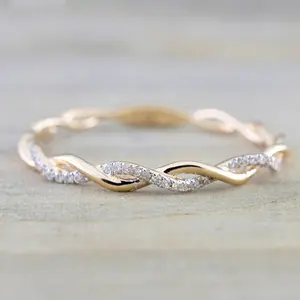 Huitan Simple Stylish Women Thin Rings Fancy Twist Band Shiny Crystal Cubic Zircon Daily Wear Versatile Jewelry Minimalist Gift