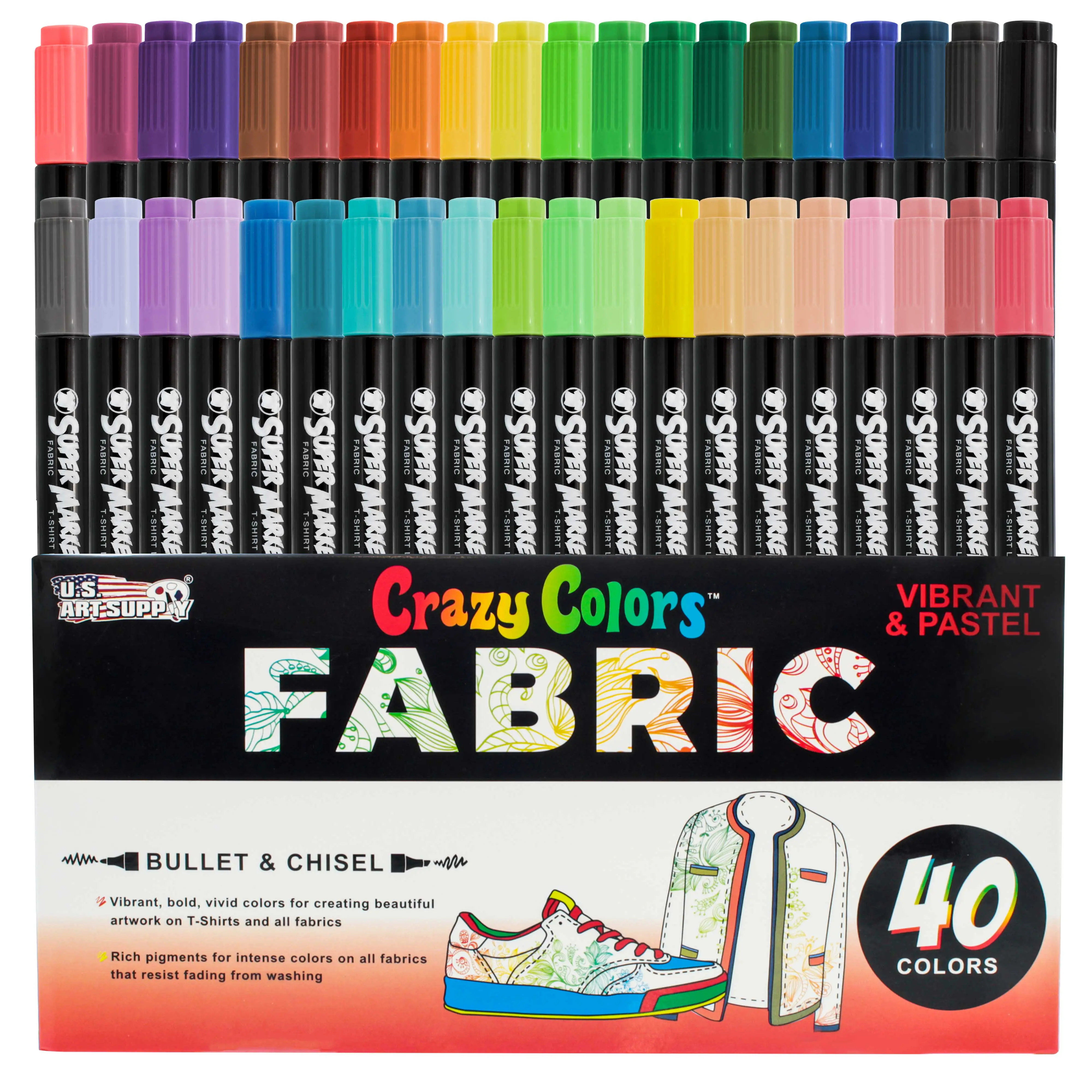 Super Markers 40 Primary & Pastel Dual Tip Fabric Markers - Fine & Chisel Point Pens Fabric Marker Permanent for Clothes, T-Shirts - Permanent Ink Eye-Catching Pastel Colors