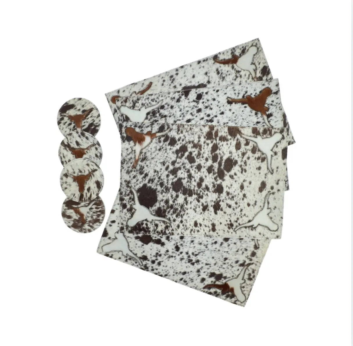 Handmade Cowhide Placemats and Coasters Bundle - Longhorn Dark on Brown