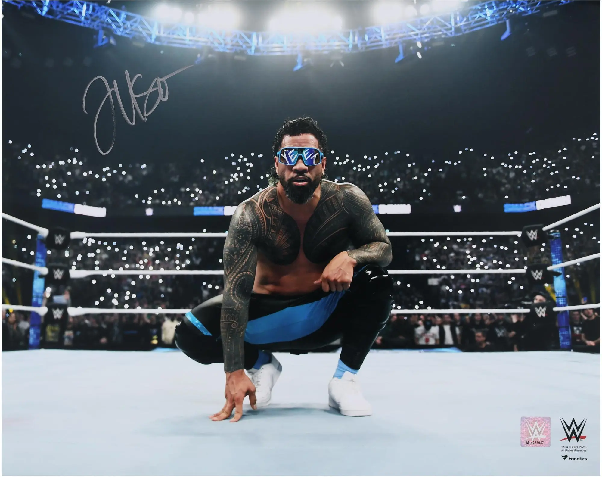 Jey Uso WWE Autographed 16" x 20" Kneeling In Ring Photograph - Fanatics Authentic Certified