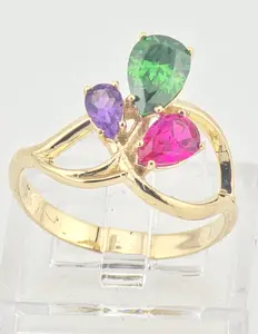 14 K Yellow Gold Multicolor Pear-cut Gemstone Ring-Green, Purple & Pink Stones