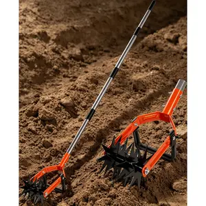 Rotary Cultivator Garden Tool, Adjustable Long Handle Hand Tiller with Star-Shaped Rolling Tines, 2-in-1 Weeder & Soil Aerator for Lawn Care, Reseeding Grass, Soil Mixing, Manual Yard Tiller