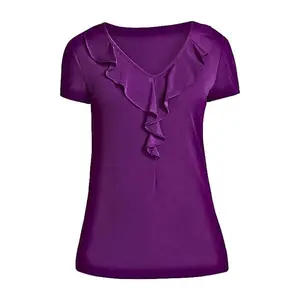 NNT Womens Matt Jersey Cap Sleeve Ruffle Neck T-Top Purple Blouse CATU5S