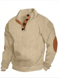 Men's Fall Winter Knit Button Front Stand Collar Sweater, Vintage Plaid Texture Polo Shirt, Casual Outdoor Wear