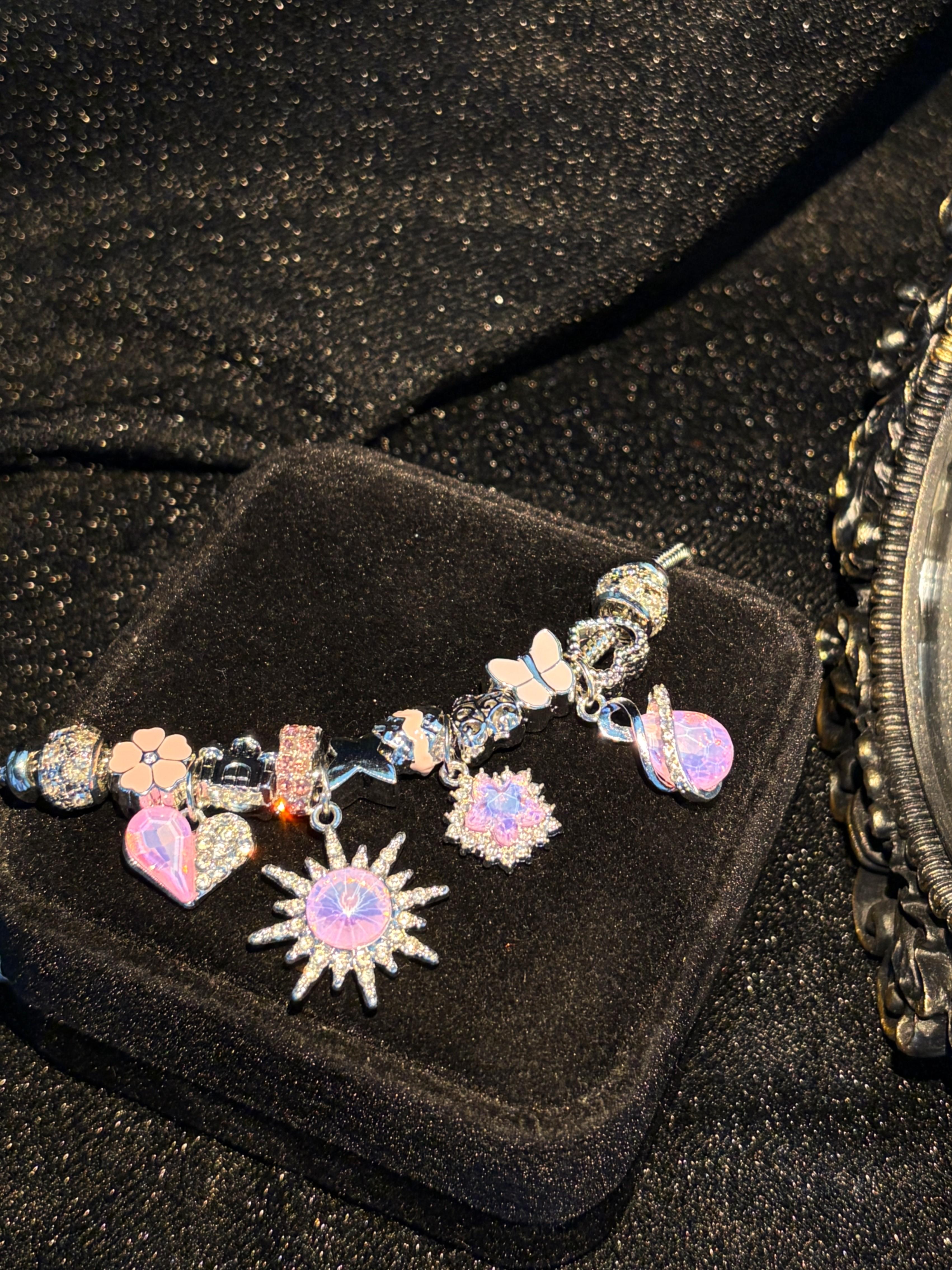 Pink Purple Crystal Sun Castle Charm Bracelet, Silver Plated Adjustable Snake Chain Bead Bracelet, Fashion Dangle Butterfly Flower Heart Beads Jewelry Gift for Women Girls