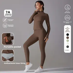 New solid color antibacterial zip-up jacket and yoga suit set, no need to wear underwear, for sports, running, and fitness, two-piece set