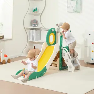 Toddler Slide, 6 in 1 Indoor Foldable Kids Slide for Toddlers Age 1-3, Extra-Long Slide with Basketball Hoop Indoor and Outdoor Baby Climber Playset Playground, Climber Playset with Telescope