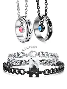Couple Puzzle Design Rhinestone Trendy Jewelry Set, Casual Fashion Couple Bracelet Necklace Pendants, Unisex Stylish Accessory, Valentine's Day Gift