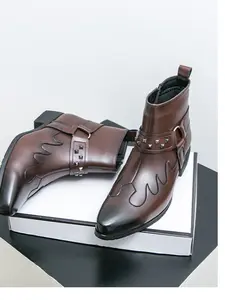 New Men's Western Style Short Boots, Vintage Leather Cowboy Boots, Rivet Buckle + Side Zipper Casual Chelsea Boots, Footwear