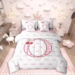 Initial O Letter Bowknot 7 Pieces Bedding Set,Pink Bow Tie Cherry Comforter Set for Girls Princess Coquette Decor Bed in A Bag